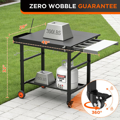 EUTRKei Pizza Oven Table with Topping Station - 45" x 29" Outdoor Grill Cart for Ooni, Ninja, Gozney, Solo Stove, Heavy Duty 450lbs Capacity, Grill Table with Extendable Desk for Tailgating Backyard