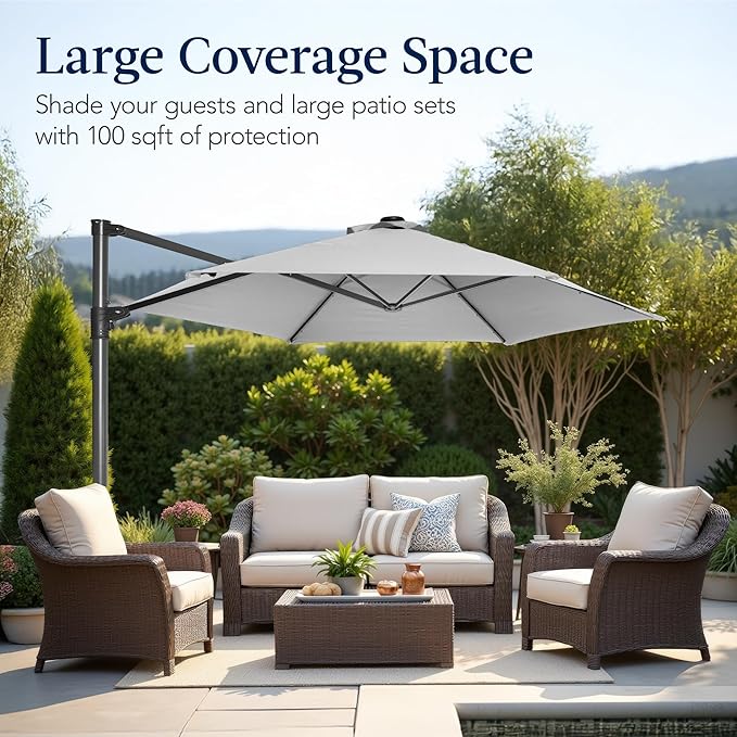Best Choice Products 10ft Offset Cantilever Hanging Market Patio Umbrella, Smooth 360° Rotation, 8 Sturdy Ribs, Easy Adjustment - Fog Gray