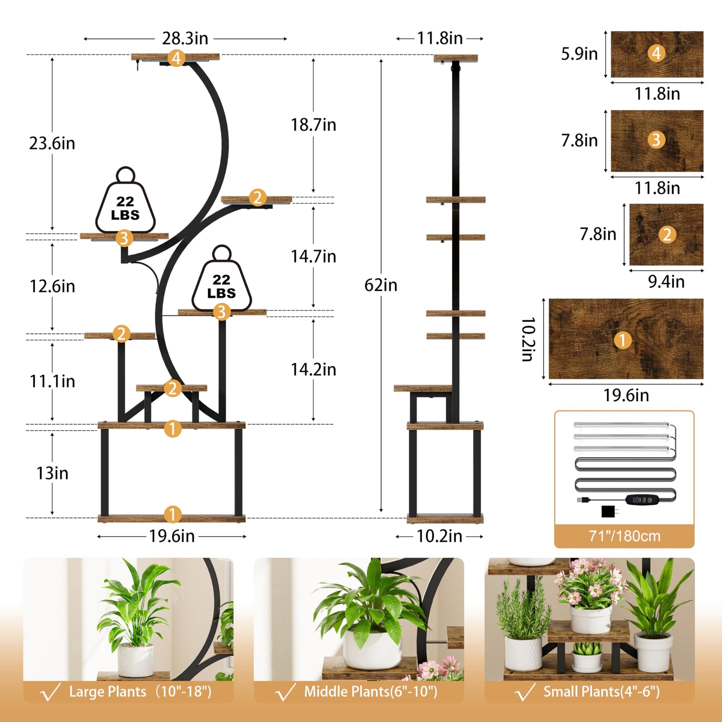 Plant Stand Indoor with Grow Lights - 62" Tall Plant Shelf, Lighted Corner Plant Stands for Indoor Growing, 8 Tiered Large Flower Holder, S-Shaped Decorative Rack for Living Room, Patent Design, Brown