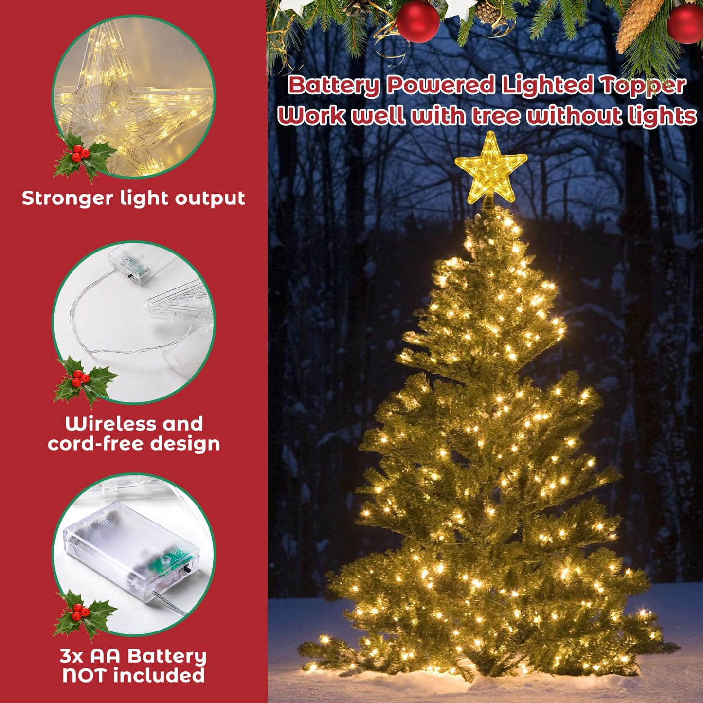 Christmas Tree Topper, Battery Powered Light up 9 Inch Star Tree Topper with Topper Stabilizer Supporter, White Xmas Star Treetop Toppers Christmas Tree Decorations Ornaments for Holiday Home Decor