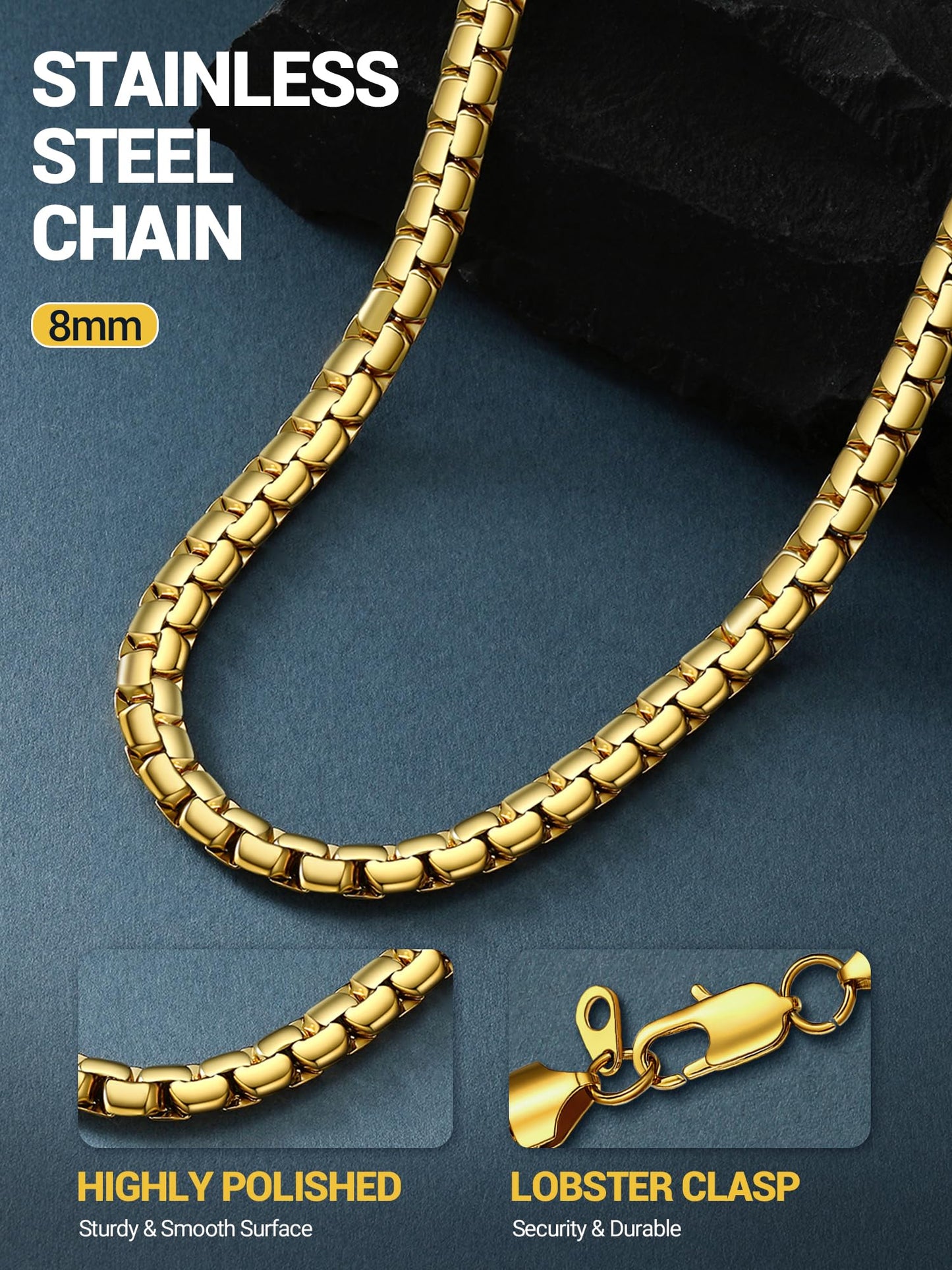 PROSTEEL Stylish Stainless Steel Flat Link Chain Necklace for Men, 2mm/4mm/6mm/8mm. Silver/18K Gold/Black, Hypoallergenic Jewelry, 14"-30", Come with Box.30in