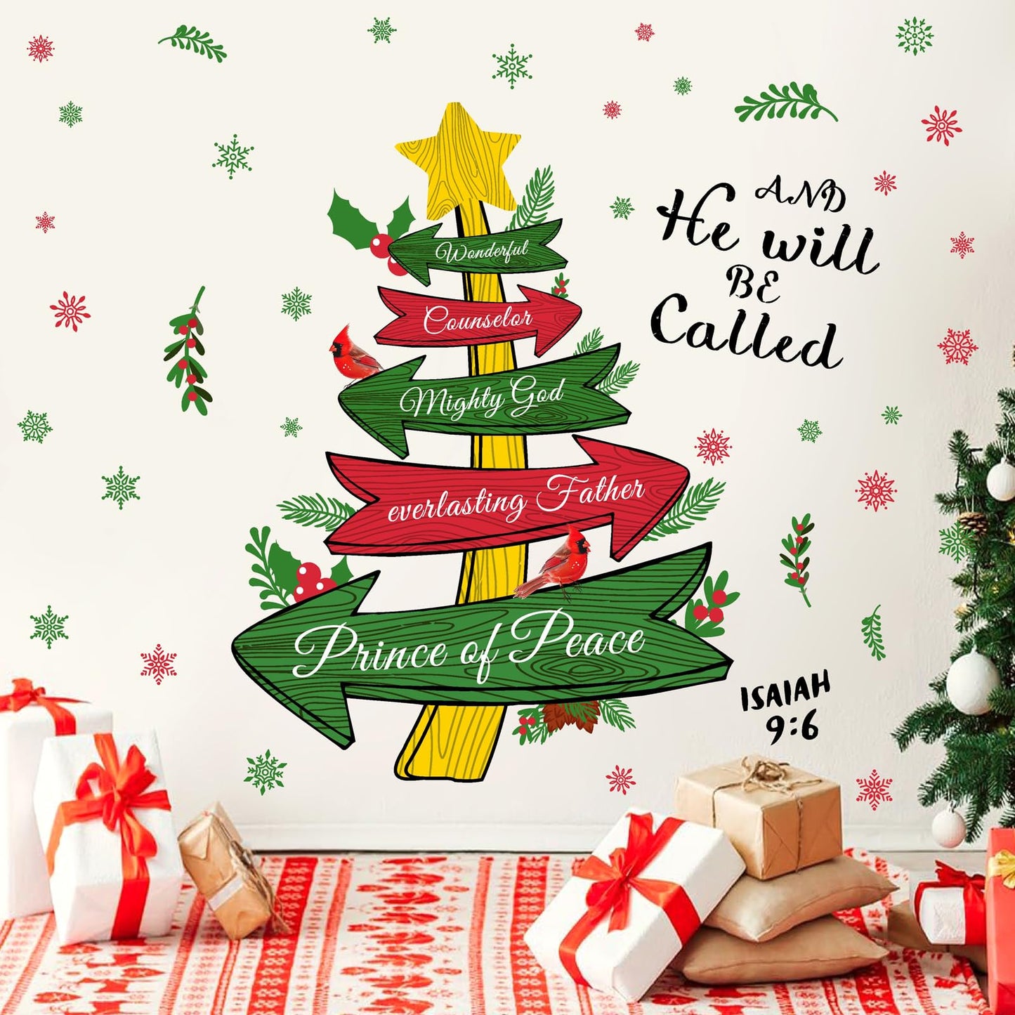 Christmas Wall Stickers Inspirational Xmas Quotes Wall Decals Peel and Stick Jesus Christmas Tree Stickers for Wall Decoration Snowflake Holiday Wall Art Decals for Living Room New Year Party Supplies