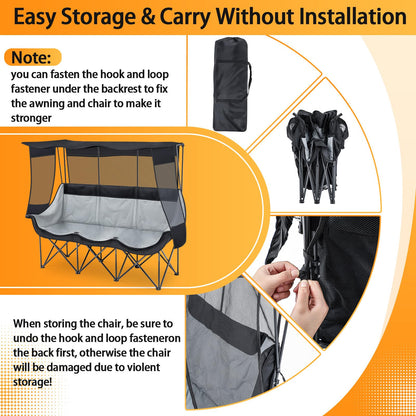 Teenyyou 3 Person Camping Chair with Canopy – Ultimate UV Sun Protection, 700lbs Heavy Duty Oversized Beach Chair, Foldable Portable Sofa with Cup Holder & Storage for Beach Lawn Outdoor(Black)