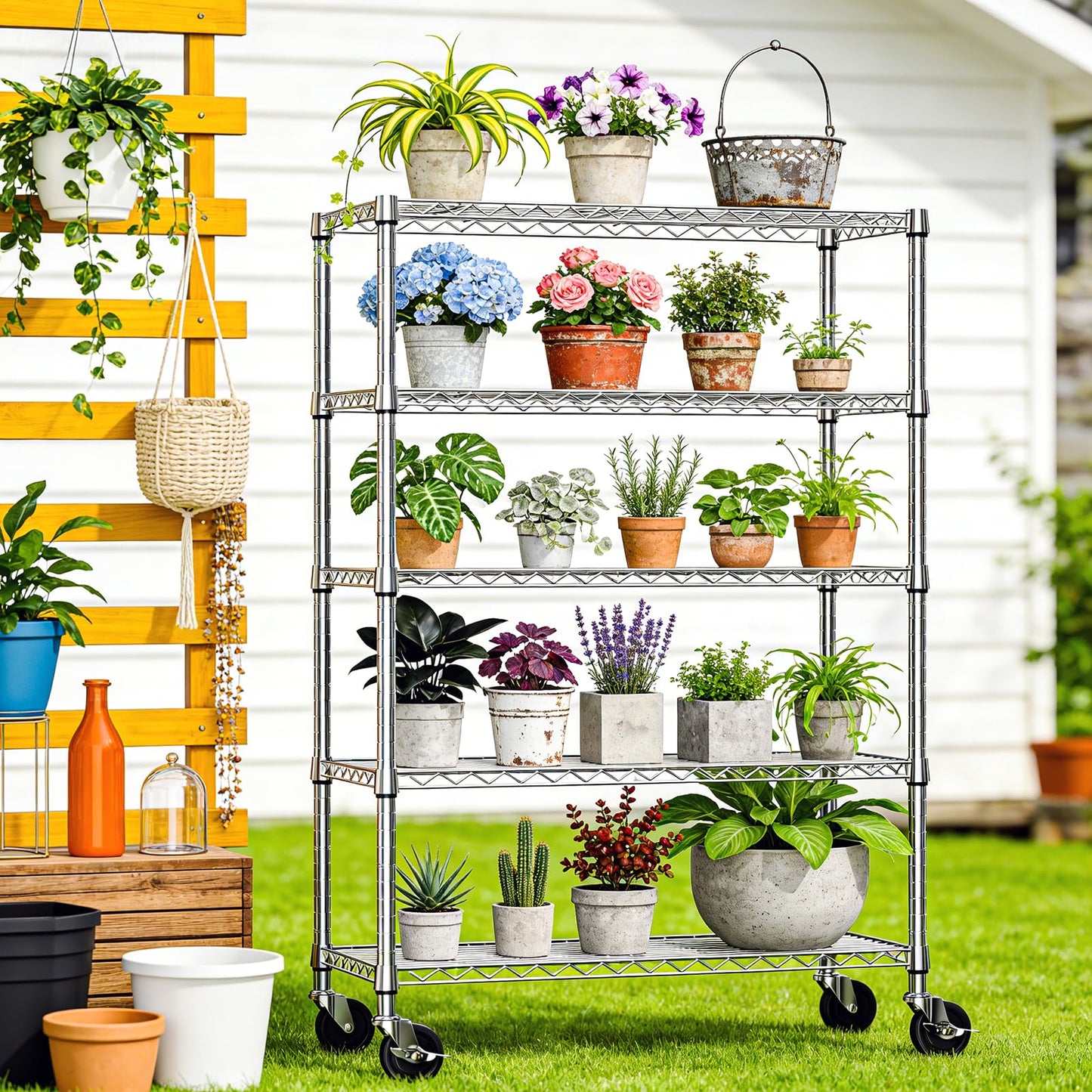 IZEUK 5-Tier Storage Shelving Unit with Wheels, Adjustable Heavy Duty Steel Wire Rack Organizer (Chrome, 17.7" D x 47.2" W x 76.7" H, 1750 lbs Capacity) for Garage, Kitchen, Pantry, Laundry, Basement