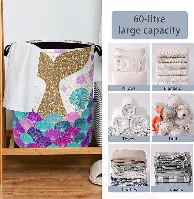 Fish Scales Laundry Basket, Mermaids Seashell Foldable Oxford Cloth Tote Bag