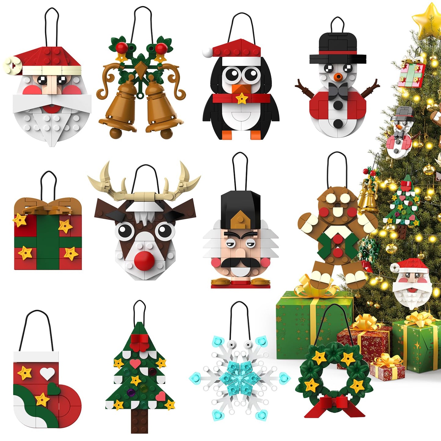 Christmas Ornaments Building Blocks Set,12 PCS Christmas Ornaments Building Kit, Santa, Snowman, Reindeer, Christmas Tree, Snowflake, Stocking, Stocking Stuffers Decor Toys Gifts for Boys Girls Kids