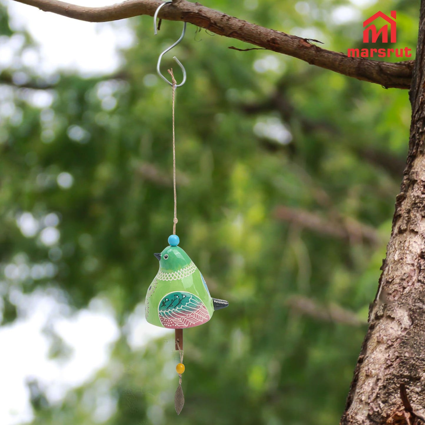 Bird Song Bell Wind Chime, Ceramic Cardinal Fashion Hanging Windchimes for Rustic Music Garden Backyard Church Decoration Porch Outside Outdoor Festival Memorial Gift Witness Friendship (Green)
