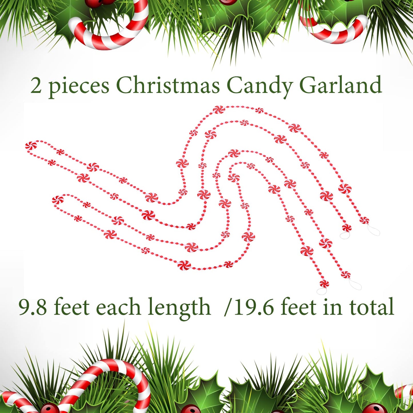 2 Pieces 19.6 ft Plastic Christmas Candy Cane Garland - Xmas Tree, Wreath, Fence & Fireplace Decor