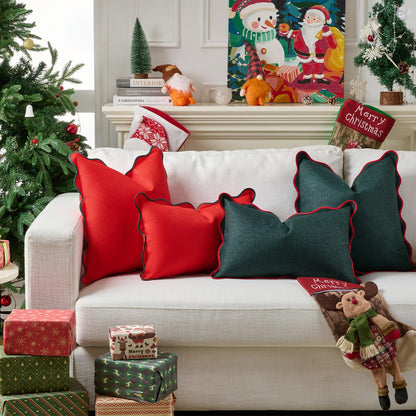 Mayler Yee Christmas Throw Pillow Covers | Decorative Pillow, Fabric Feels a Little Stiff | Scalloped Sytle for Living Room (One Red and One Green Pillow Covers, 18x18 Inch)