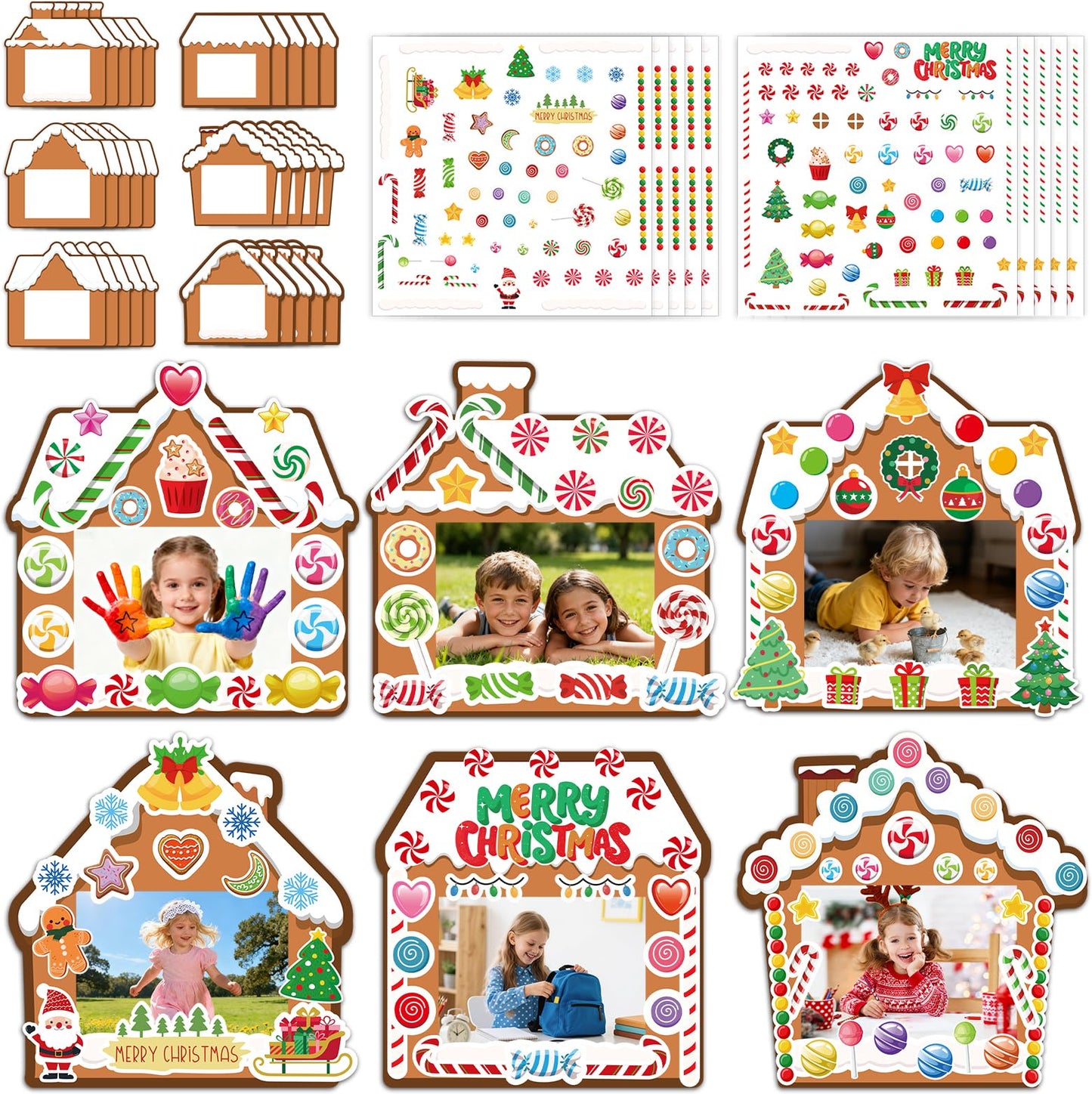 30 Packs Christmas Picture Frame Craft Kits for Kids DIY Xmas Gingerbread House Candy Photo Craft Hanging Frame gingerbread cookie Ornaments for Holiday Art Decorations Home Class Game Activities