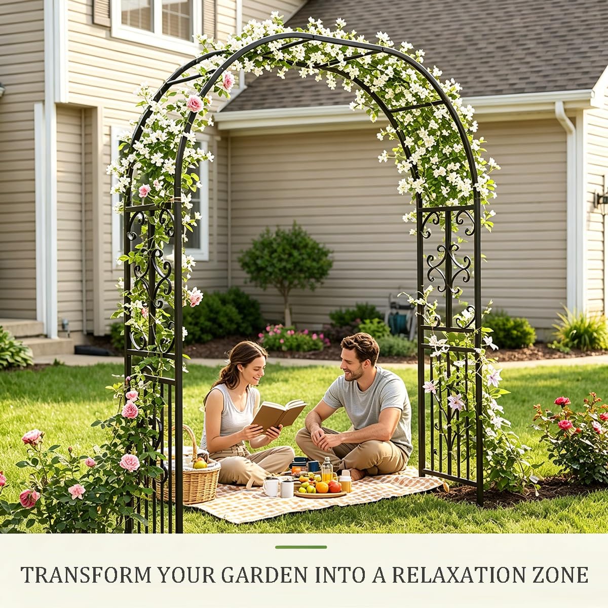 Garden Arch Metal Pergola Archway with Base, 86.5" 118" 134" 55" 71" Heavy Duty Steel Trellis for Climbing Plants, Outdoor Arbor for Wedding Backyard Lawn Pathway(Green-Diamond,55" W x 86.6" H)