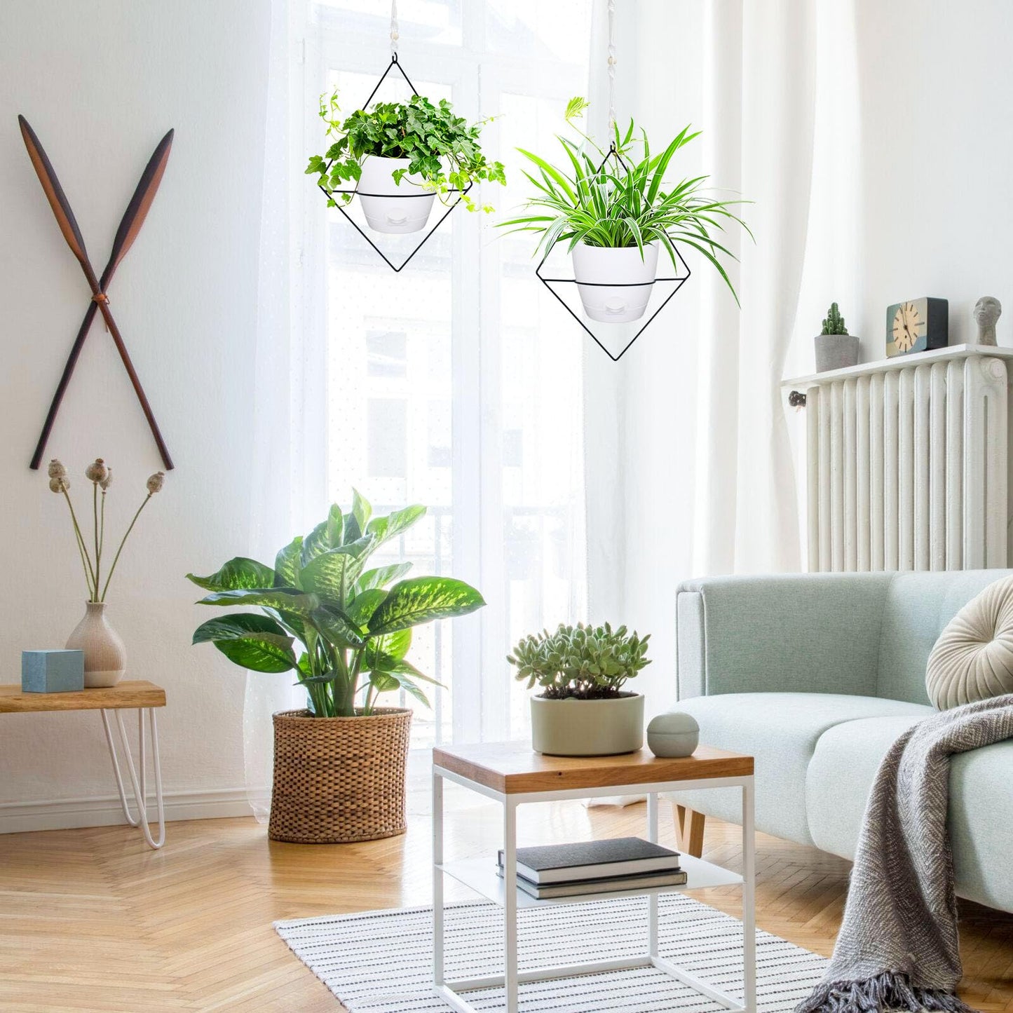 Koalaime Hanging Planters for Indoor Plants, 2 Set Self Watering Hanging Flower Pots, Modern Hanging Plant Baskets with Metal Plant Holder & 6.5 Inch Plastic Pots for Garden Home Decor (White)