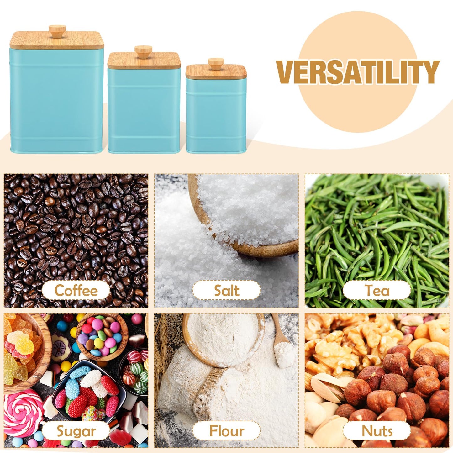 Tioncy Kitchen Canisters for Countertop Set of 3 Metal Canisters Sets with Bamboo Lids Spoon Airtight High Capacity Coffee Tea Sugar Flour Jars with DIY Labels Farmhouse Food Storage(Turquoise,L,M,S)