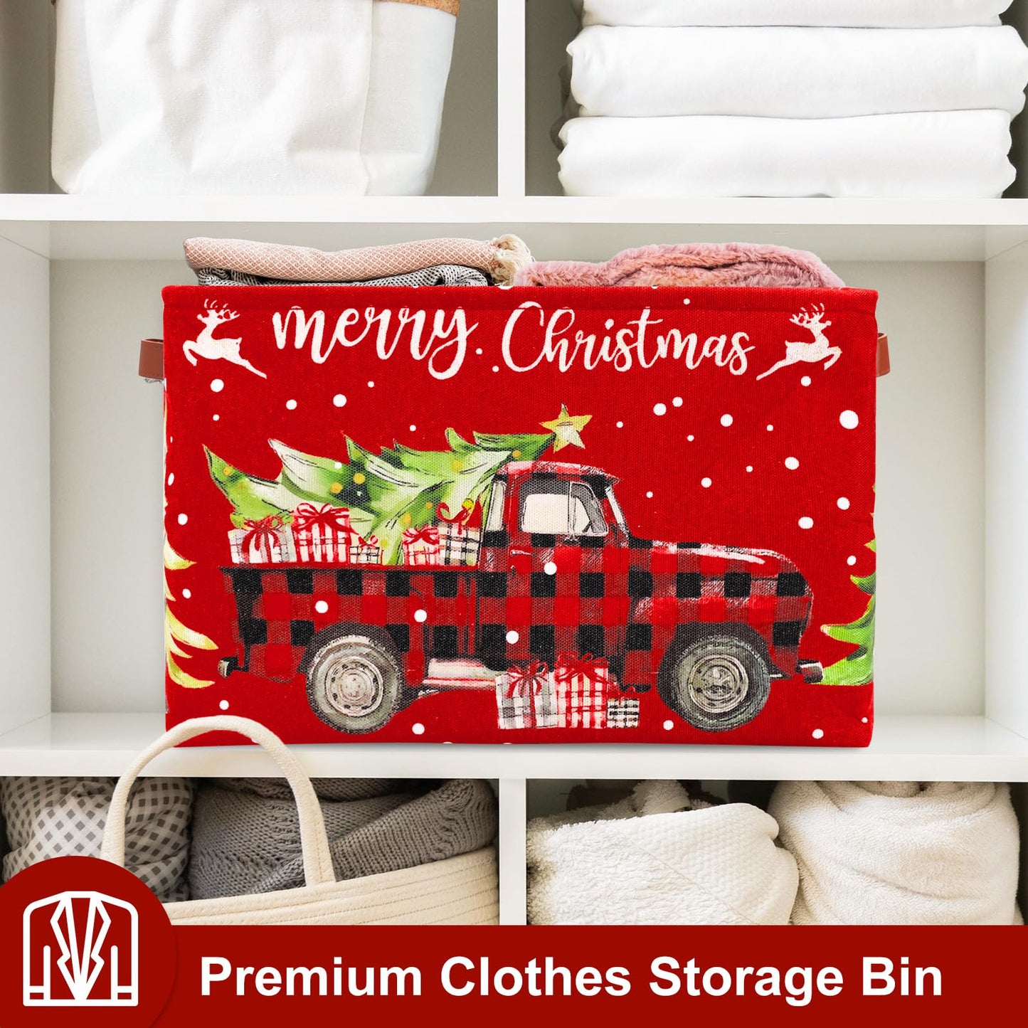 FYSUIMU Christmas Storage Basket with Handles Plaid Truck Xmas Tree Cube Storage Bin Foldable Fabric Container Organizer Box for Home Office Dorm Closet Shelf Toy