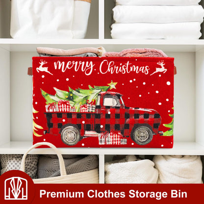 FYSUIMU Christmas Storage Basket with Handles Plaid Truck Xmas Tree Cube Storage Bin Foldable Fabric Container Organizer Box for Home Office Dorm Closet Shelf Toy