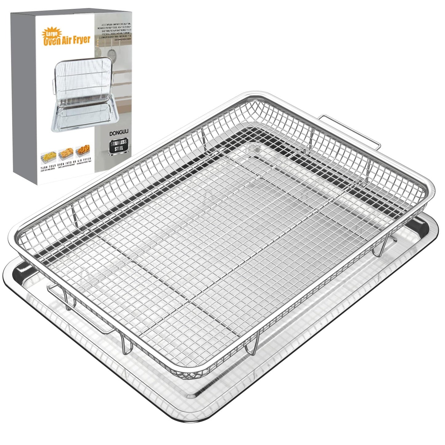 Air Fryer Basket for Oven 15.7"x11.8", 2-Pair Set Large Air Fryer Basket and Tray Stainless Steel Oven Air Fryer Accessories Pan Rack for Cooking Baking and Broiling