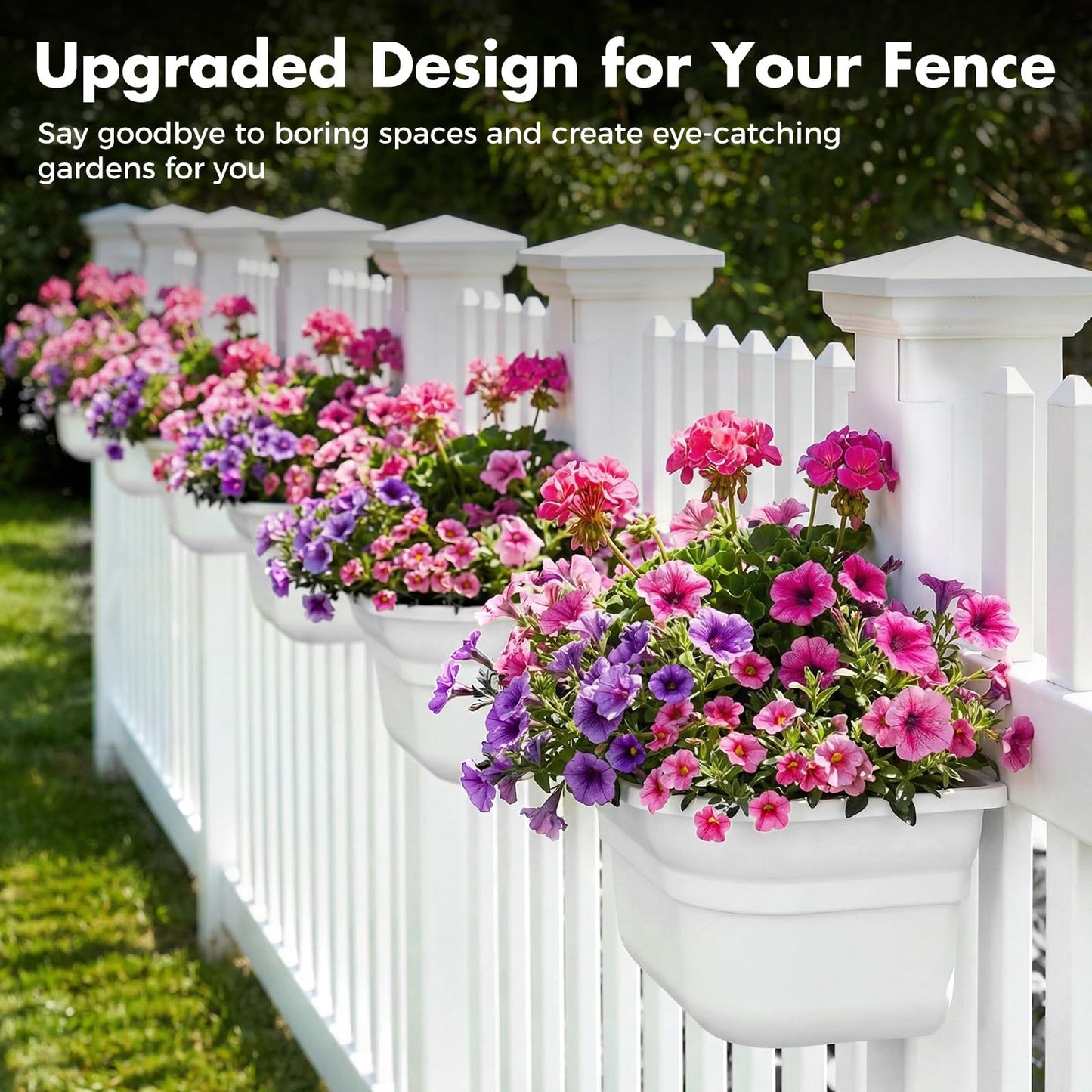 Maixinbuy Hanging Planters for Outdoor Plants - Fence Hanging Planters for PVC Fence, Plant Hangers Hanging Plant Flower Pots White with Post Caps for Garden Yard Decor, Easy Install - 4 Pack