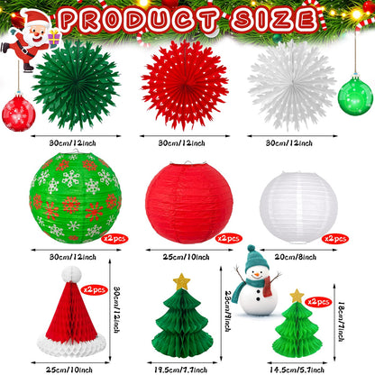 14PCS Christmas Honeycomb Hanging Paper Lantern Decorations Set, Pine Tree Star Christmas Hat Red Green White Snowflake Lanterns Paper Fans for Christmas Party Home Decoration Supplies
