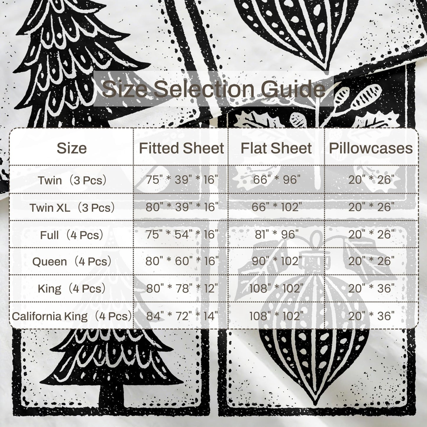 Gingerbread Man Sheet Set, 3 Pcs Twin Size Xmas Bed Sheets, Black White