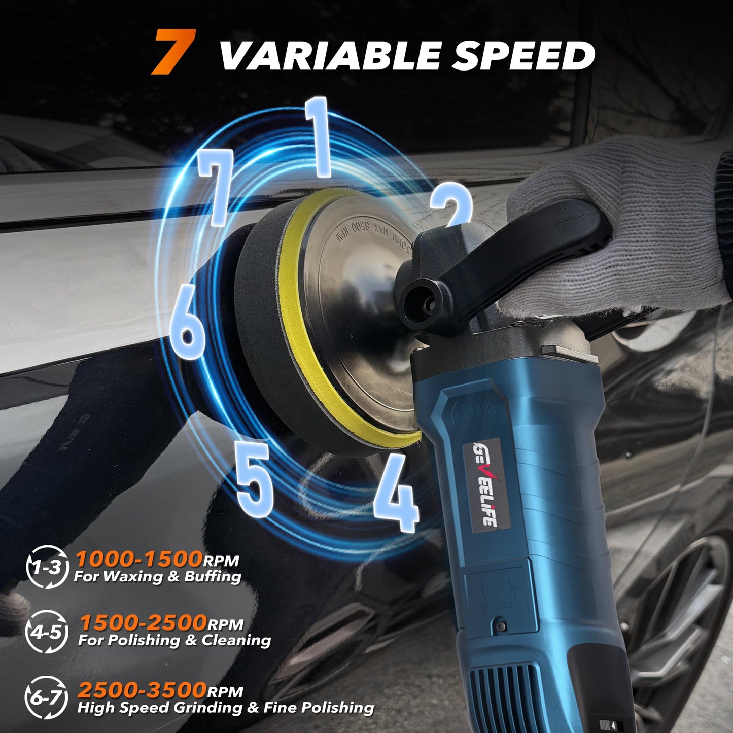 GEVEELIFE Buffer Polisher, 6 Inch/7 Inch 1600W Rotary Car Buffer Polisher Waxer, 7 Variable Speed 1000-3500 RPM, Detachable Handle for Car, Boat Sanding, Polishing, Waxing