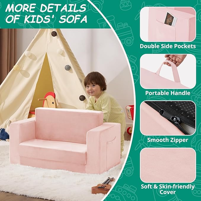 Kids Couch, 2-in-1 Toddler Chair Comfy 1-3 Years, Convertible Kids Chair