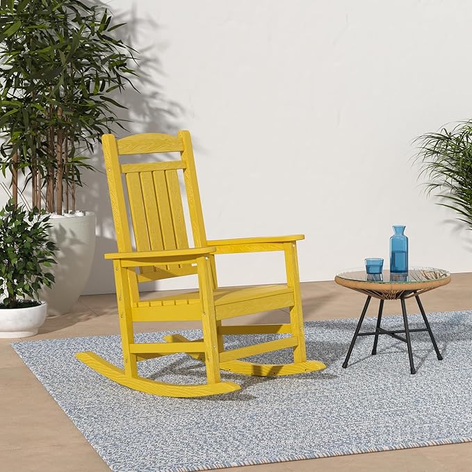 KINGYES HDPE Rocking Chairs Outdoor, Patio Rocking Chairs with 330lbs Support, Smooth Porch Rocker for Deck Lawn Yard, Yellow