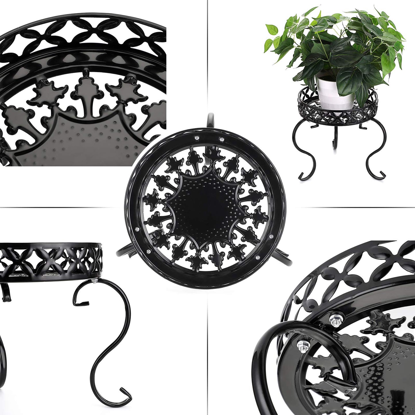 OwnMy Set of 2 Metal Round Plant Stand Rustproof Iron Flower Pot Holder, Modern Plant Display Potted Rack, Indoor Outdoor Plant Stand Heavy Duty Plant Holder for Home, Garden, Plant Lovers (Black)