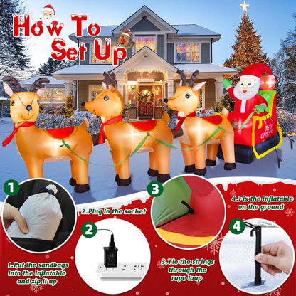 BRDJade 12FT Long Christmas Inflatables Outdoor Decorations, Inflatables Santa Claus on Reindeer Sleigh Built-in LED Lights, Christmas Blow Up Yard Decorations for Holiday Outdoor Garden Lawn Decor