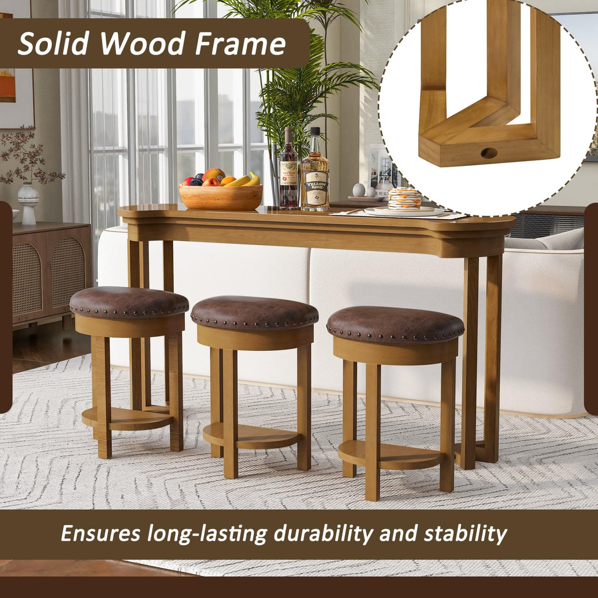 KEIKI 60" Solid Pine Wood Bar Table Set with 3 PU Stools Chairs, Long Bar High Top Dining Table & Upholstered Stools, Behind Couch Sofa Counter Height Pub Table for Breakfast, Kitchen Living Room