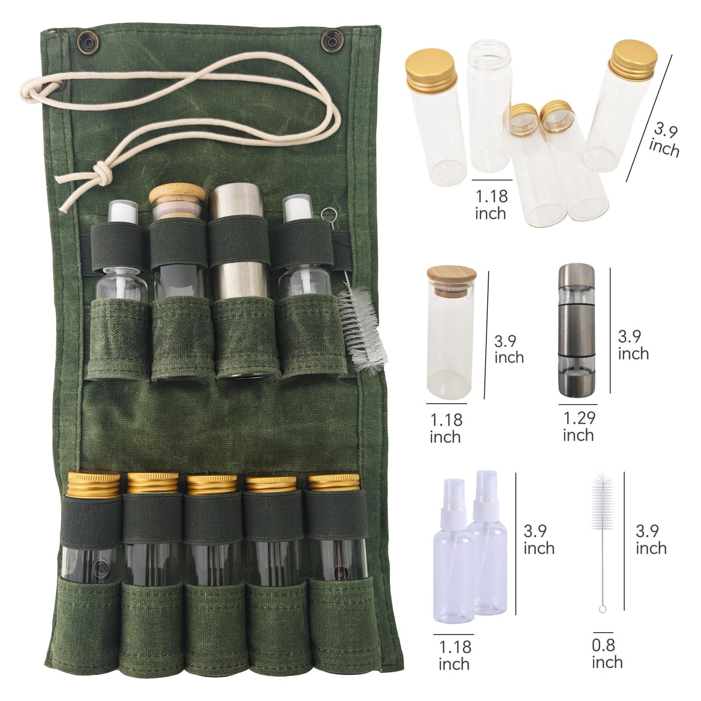 WINRIOO Camping Travel Spice Kit，Portable Mini Camping Spice Containers with 6 Jars，1 Salt/Pepper Grinders，2 Oil Spray，Foldable Canvas Seasoning Storage Bag for Outdoor Picnic BBQ