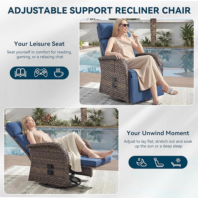 3 Pieces Zero Gravity Patio Swivel Rocking Recliner Chairs Set of 2 - Wicker Outdoor Lounge Chair with Side Table, Adjustable Backrest & Footrest, High Back Outdoor Recliner Chair for Pool Deck Blue