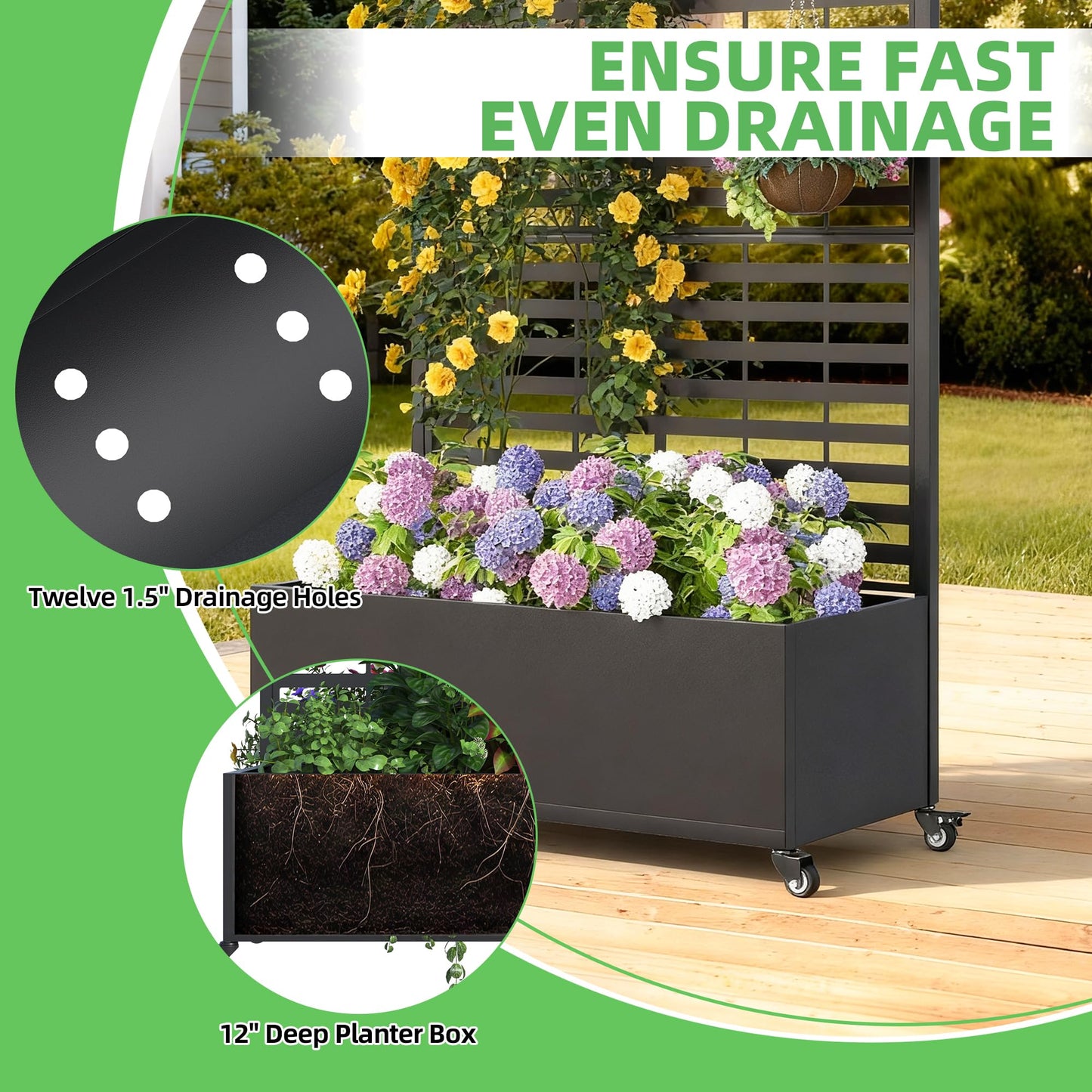 UPHYB Metal Planter Box with Trellis, 73"x 35"x 16" Raised Garden Bed with Wheels and Drainage Holes, Planter with Trellis for Garden, Balcony and Patio, Black Louvered