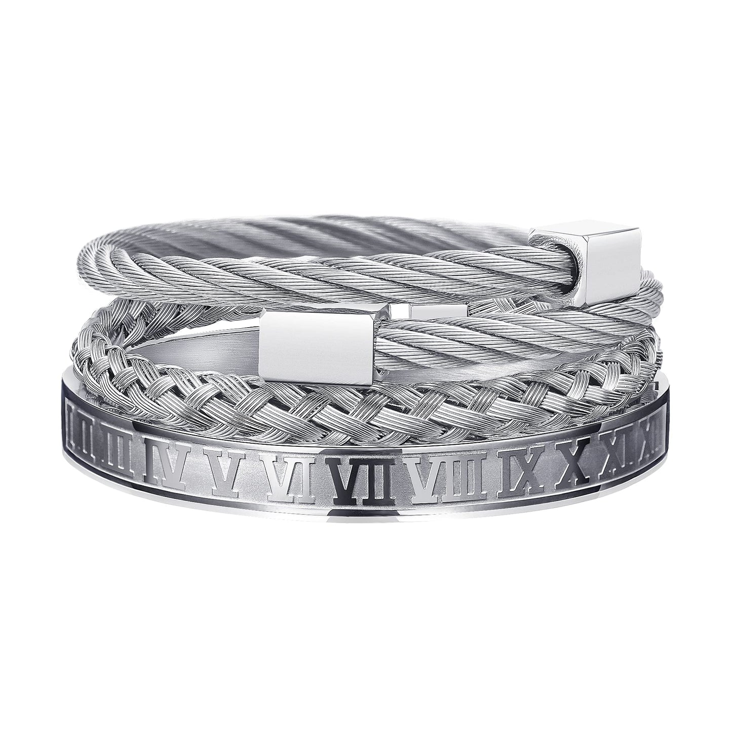 WFYOU 3PCS Stainless Steel Bracelets for Men Gold Roman Numeral Bangle Bracelet Twisted Cable Bracelet Adjustable Cuff Bracelet Mens Luxury Jewelry Bracelets Gifts