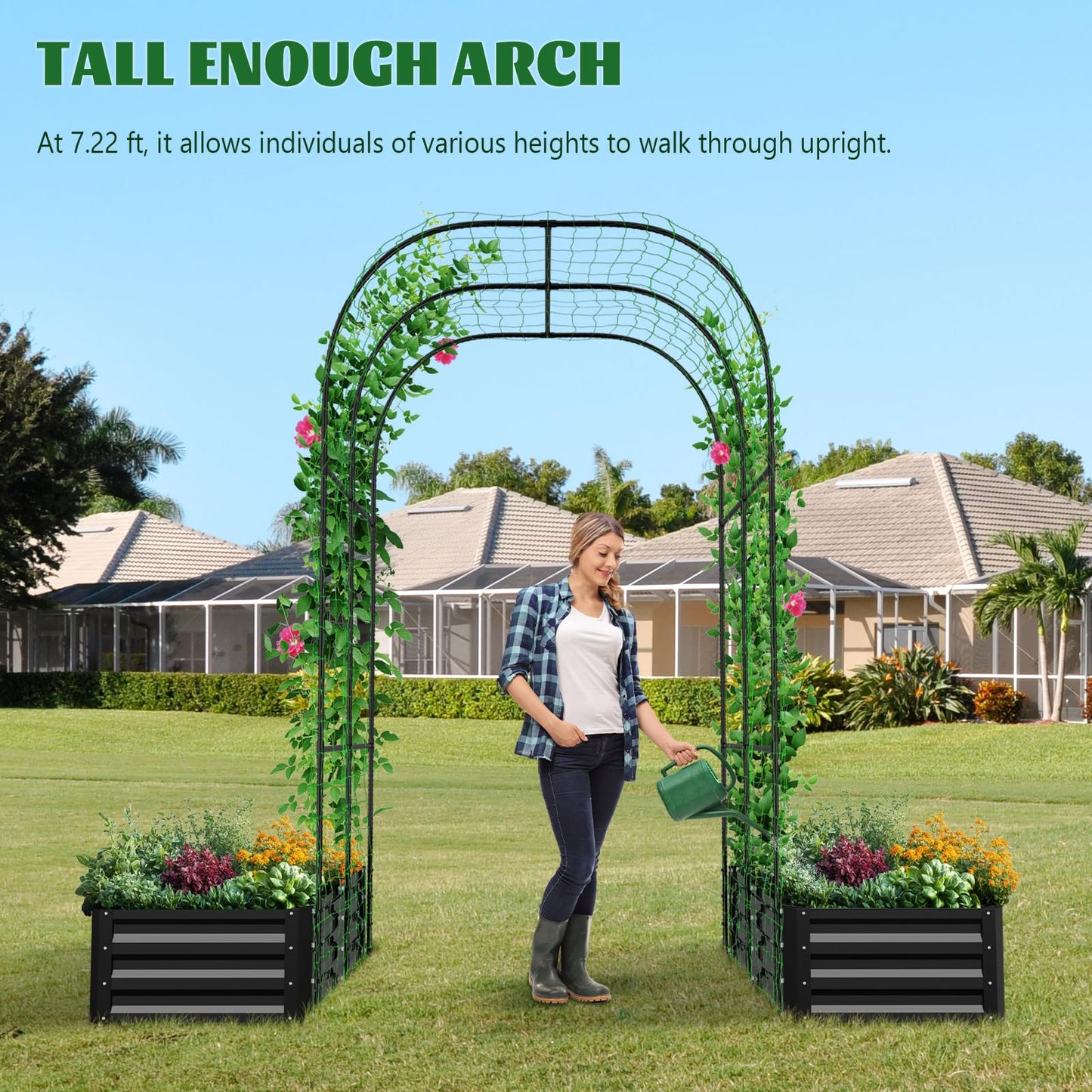 UrGROWA 3 in 1 Galvanized Raised Garden Bed with 87" H Arch Trellis for Climbing Plants, Outdoor Gardening Planter Box with Climbing Net for Flower Vegetables Fruits Herbs, Black