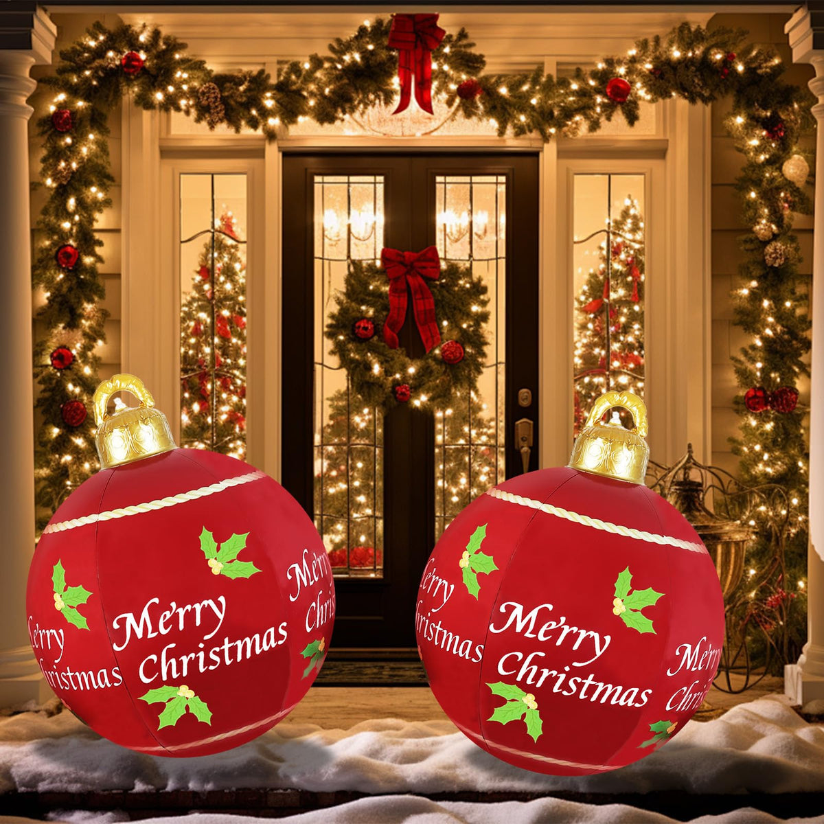2 Pcs 24 Inch Christmas Giant Inflatable Ornaments Balls Outdoor, PVC large Christmas Hangable Blow Up Ball Decorations for Indoor Yard Porch Lawn (24" Red, 2)