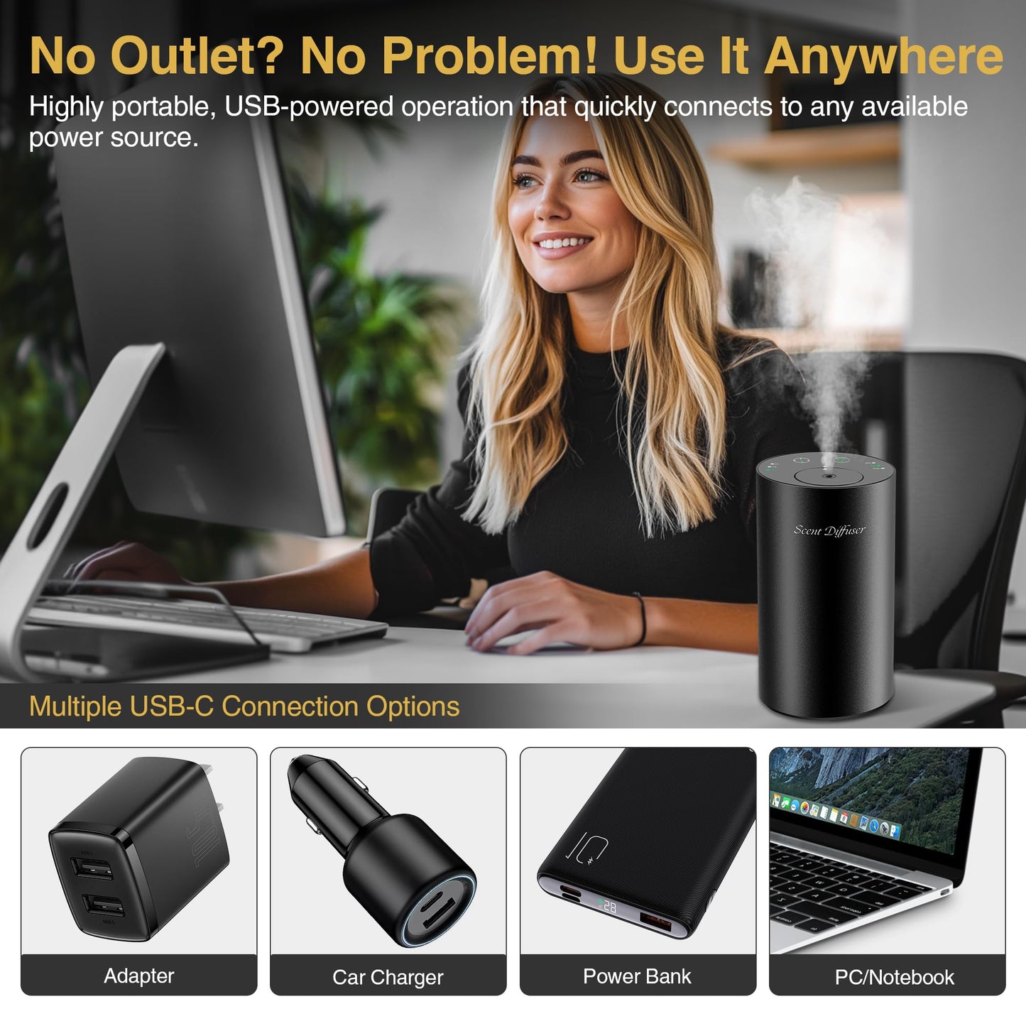 Waterless Essential Oil Diffuser Starter Kit - No Water Needed, Battery Operated Mini Scent Air Machine, Included 3x20ML Essential Oils, Portable Aromatherapy Diffuser for Home & Car & Office, Black