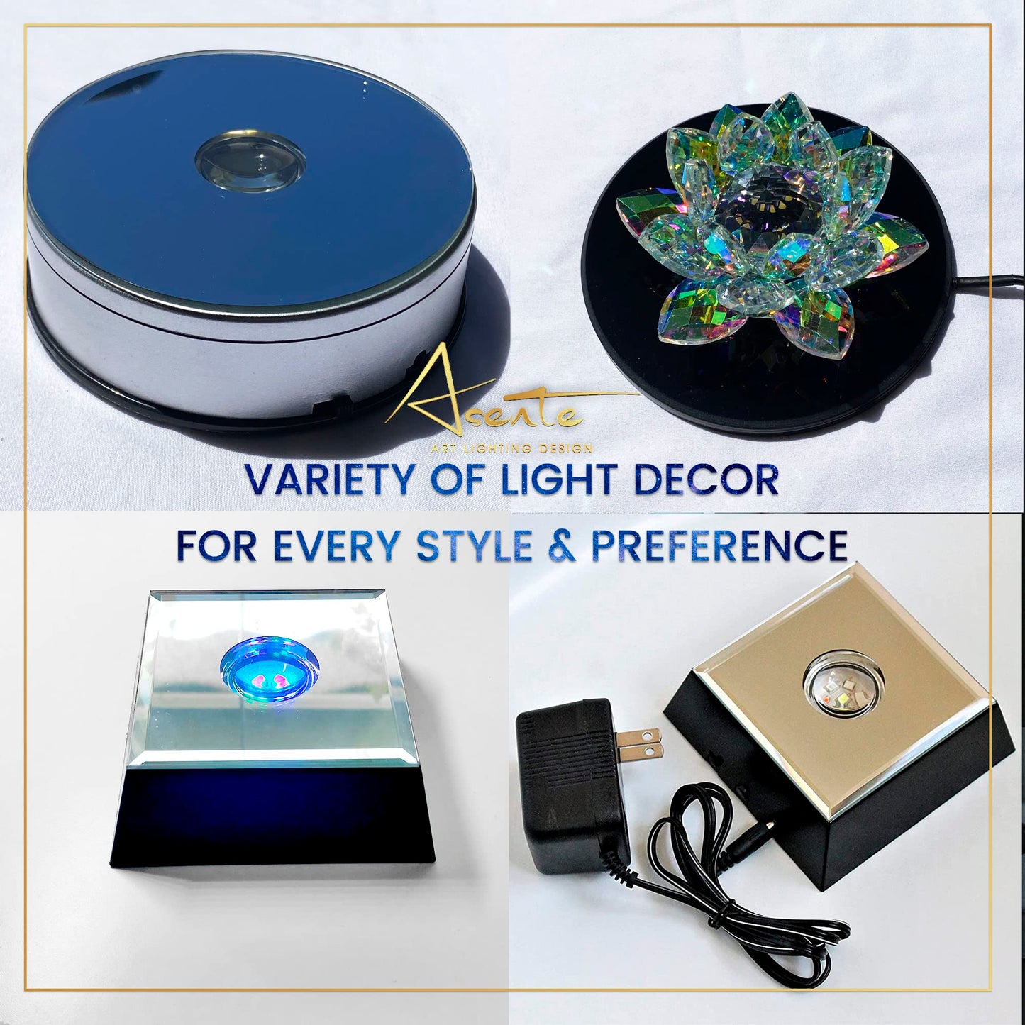 ASENTE 19 LED White Light Stand Base - Circular Illuminated Display Pedestal for 3D Crystal Glass Art - LED Light Base & Crystal Display Stand, AC/USB Plug Operated Lighted Acrylic, Crystal Base Black