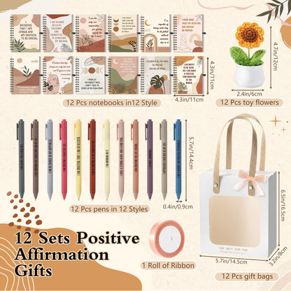 Kosiz 48 Pcs/12 Set Positive Affirmation Gift for Women Boho Positive Notebooks with Ballpoint Pens Motivational Spiral Notepad Inspirational Crochet Sunflower Gift for Mother's Day, Teacher, Coworker