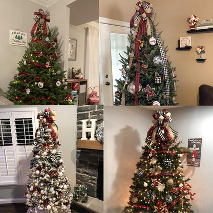 Tmflexe Christmas Bows Tree Topper Red Black White Buffalo Plaid Ornaments Handmade for Wreath Door Burlap Rustic Farmhouse Decoration (Burlap Buffalo Plaid)