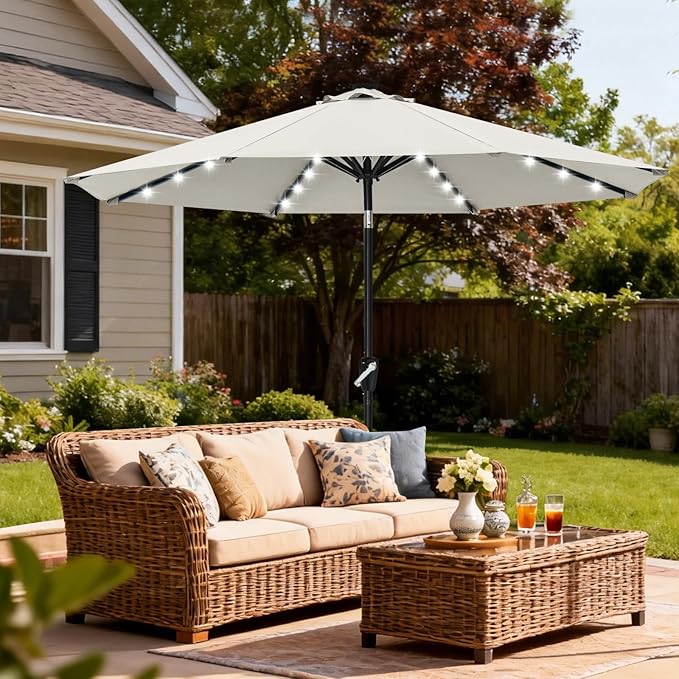 ABCCANOPY Durable Solar Led Patio Umbrellas with 32LED Lights 9FT (Light Beige)