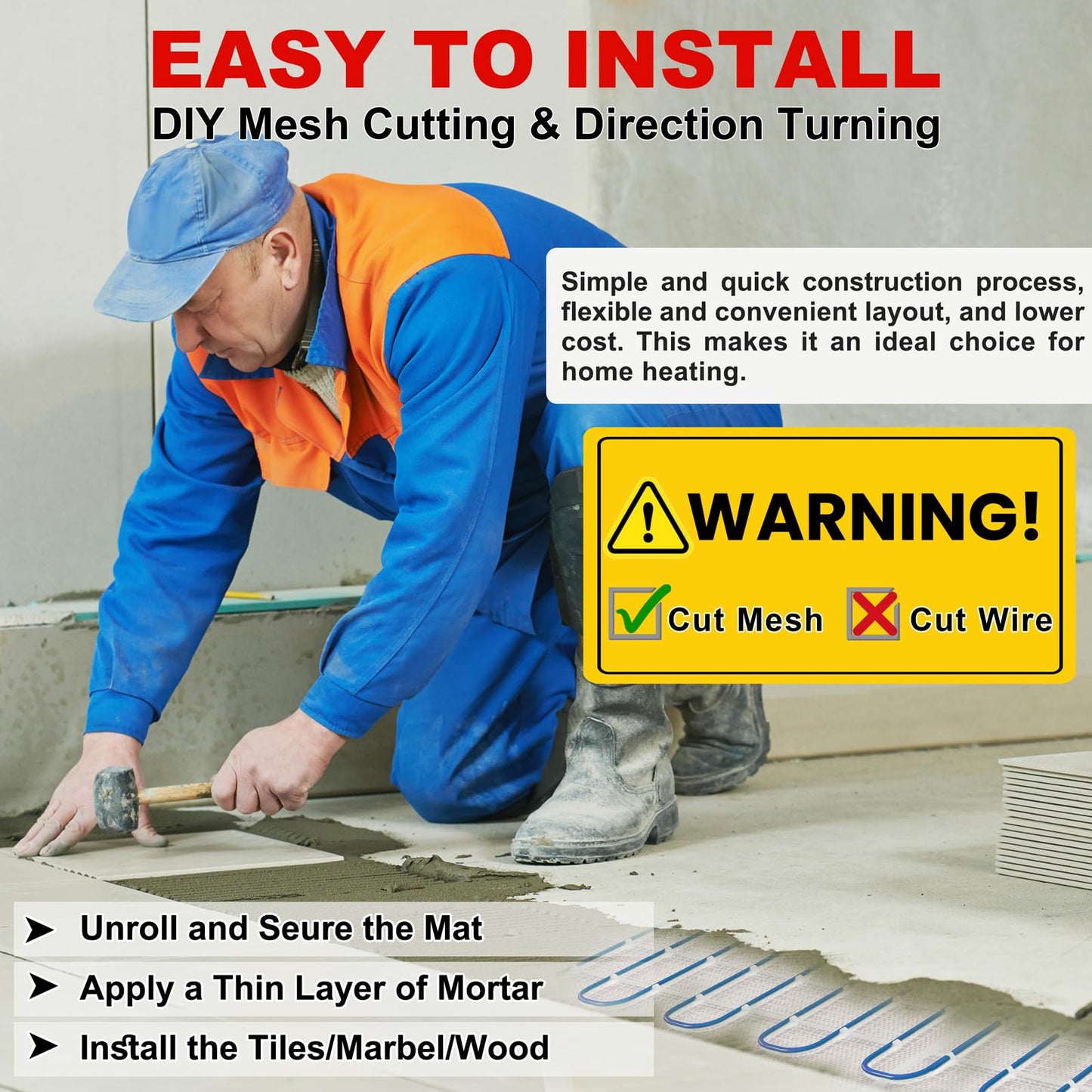 MAXKOSKO 70 sq.ft. Electric Floor Heat Mat Kit, 120 V Underfloor Radiant Heating System for Tile, Stone and Laminate Indoor Use with Alarm Cable Monitor