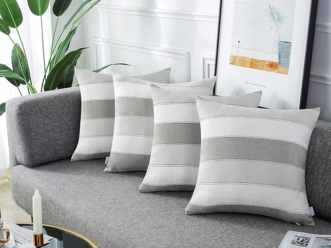 AmHoo Pack of 2 Farmhouse Stripe Check Throw Pillow Covers Set Case Cotton