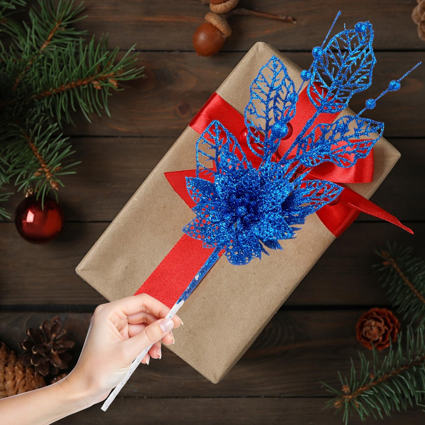 24 Pack Christmas Tree Ornaments - Artificial Flowers Glitter Berry Stems Christmas Floral Picks Branches for Xmas Tree Decorations Vase Filler Holiday Wedding Party Home Decor (Blue)