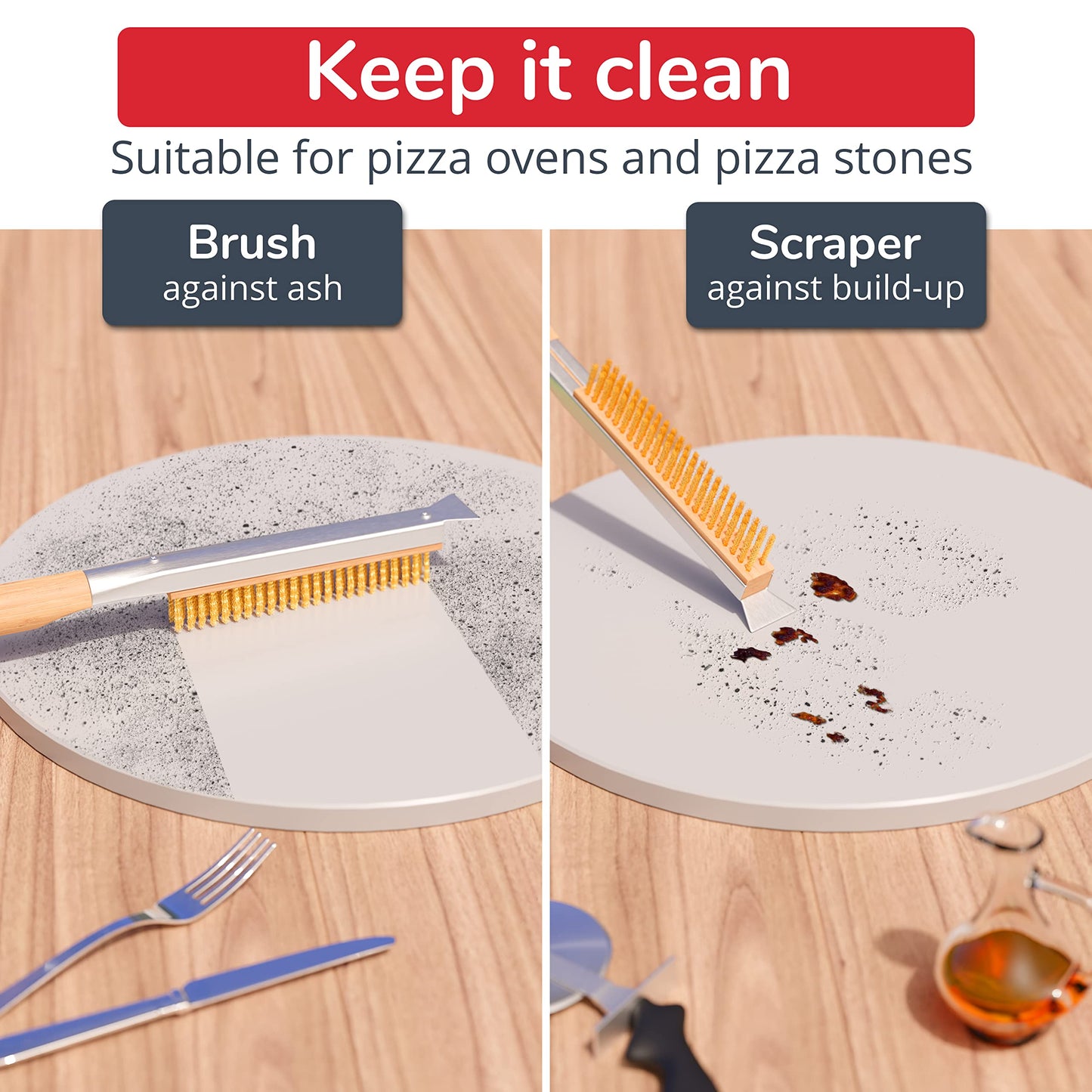 Senwosa Pizza Oven Brush with Stone Scraper - 66 cm - Stainless Steel Bristles, Extra Long Handle, Heat-Resistant - Compatible with Ooni Ovens - Includes Spare Head