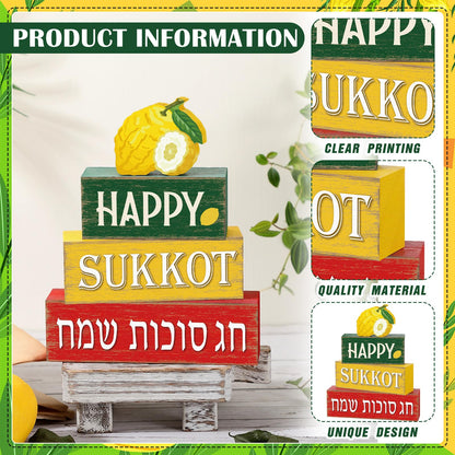 Marsui 4 Pcs Happy Sukkot Table Decor Rustic Sukkah Decorations Etrog Wooden Signs Centerpiece Farmhouse Sukkot Tiered Tray Decor for Home Office Desk Jewish Festival Decorations