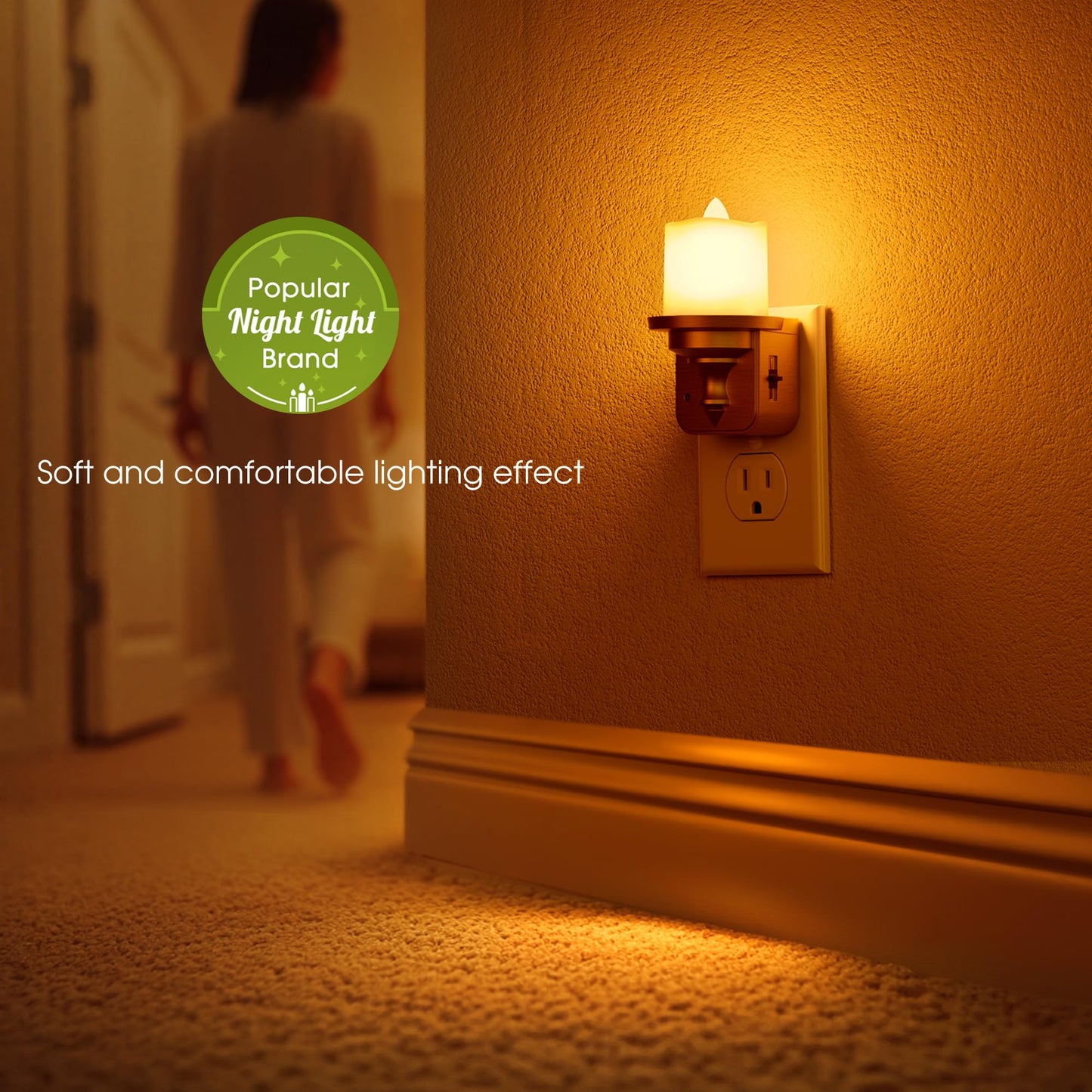 Briignite Flameless Candle Night Lights, Amber Plug-in 2 Pack, LED Candle with Light Sensor, 0-100LM Dimmable, Kids Hallway Bathroom Nightlight