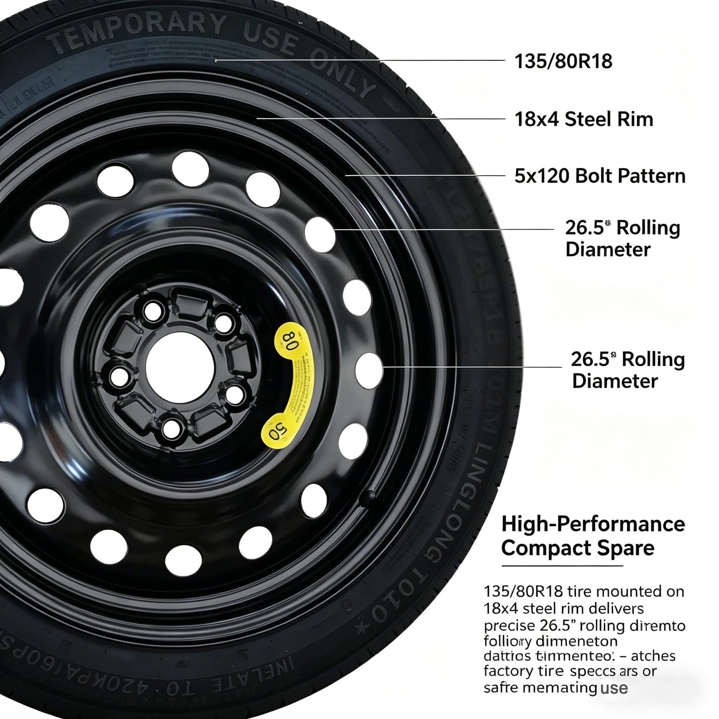 Spare Tire Kit Compatible with Chevrolet Camaro 2016-2024 | 135/80R18 Spare Wheel on 18x4 Rim| 26.5" Rolling Diameter | Includes Car Jack Kit & Tire Carrying Case Excluding (SS,LT1, ZL1, 1LE) Models