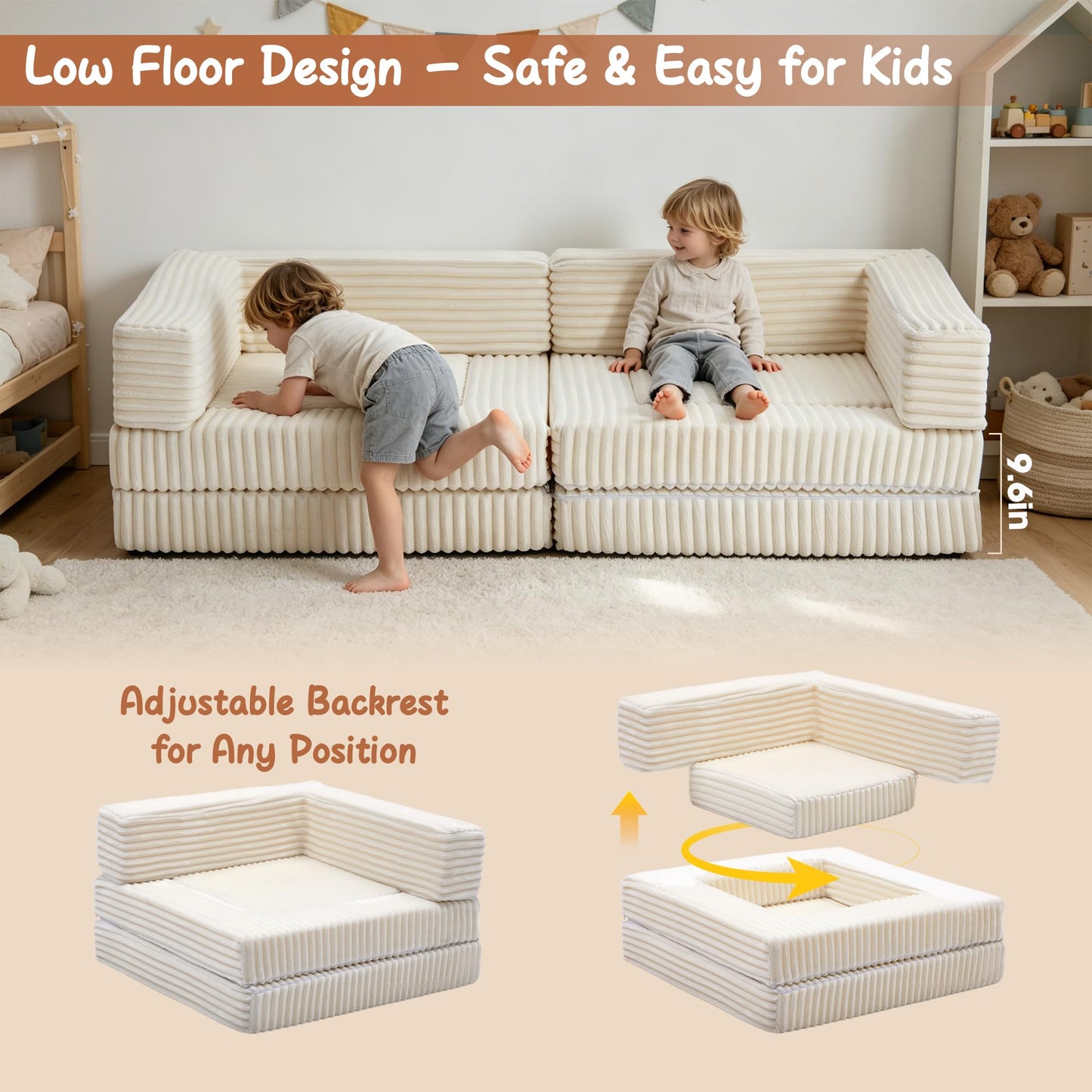 Umoving Modular Floor Sofa Couch Set of 2, Convertible Folding Lounge Sofa Bed with Adjustable Backrest, Family Seating for Kids, Teens & Adults, Gaming, Reading & Relaxing, White