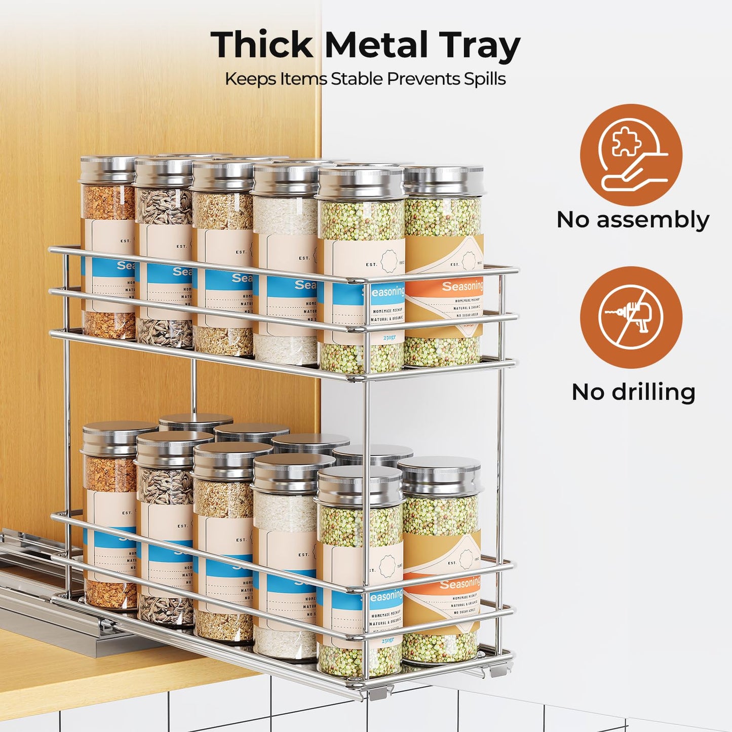Pull Out Spice Rack Organizer for Cabinet, Slide Out Spice Racks, Easy to Install, 2.1''Wx10.35''Dx8.26''H, 3 Drawers 2 Tiers(Black)
