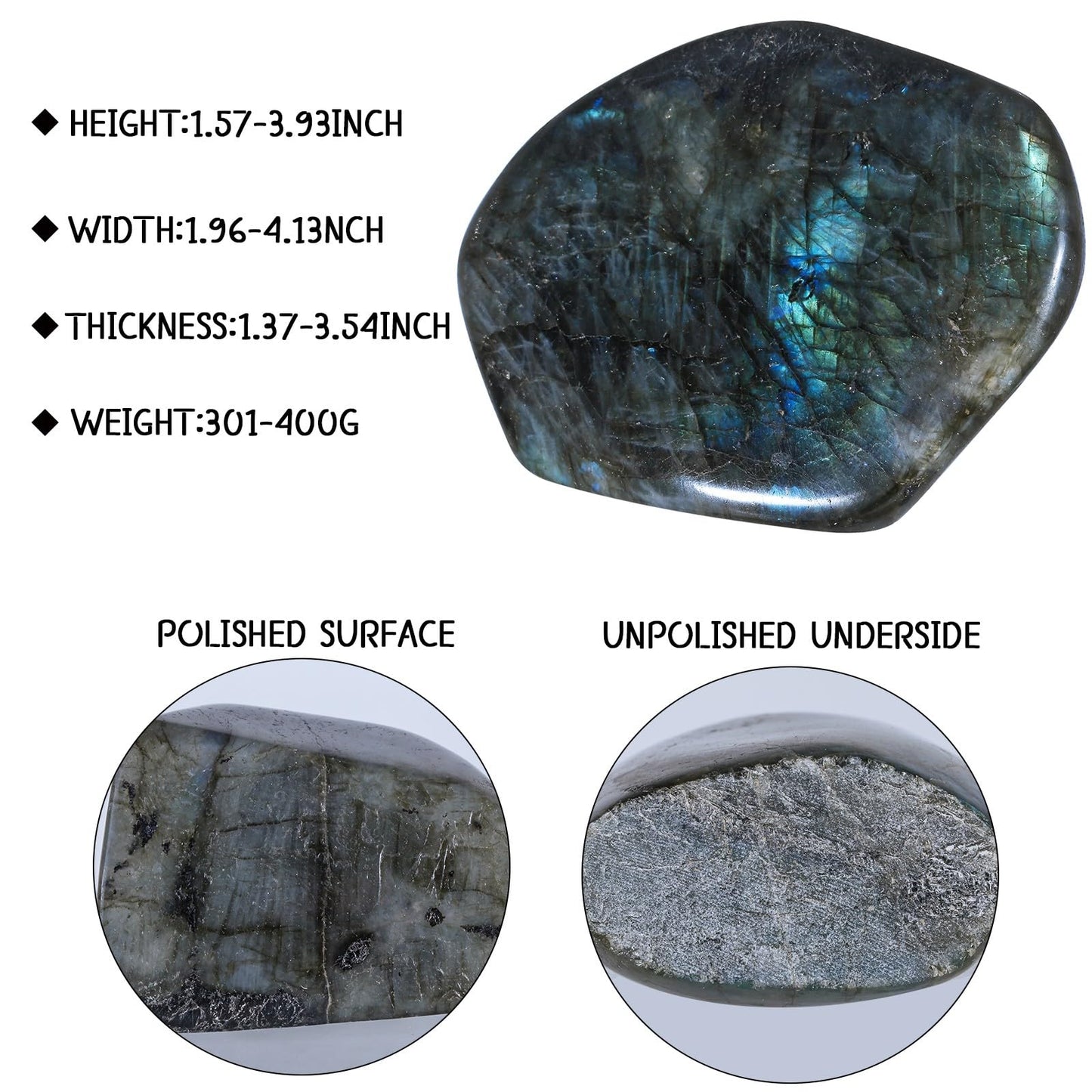Nupuyai 301-400g Irregular Labradorite Stone Slab Specimen, Nutural Polished Self-Standing Labradorite Stone for Home Office Decoration Meditation Yogo Fengshui